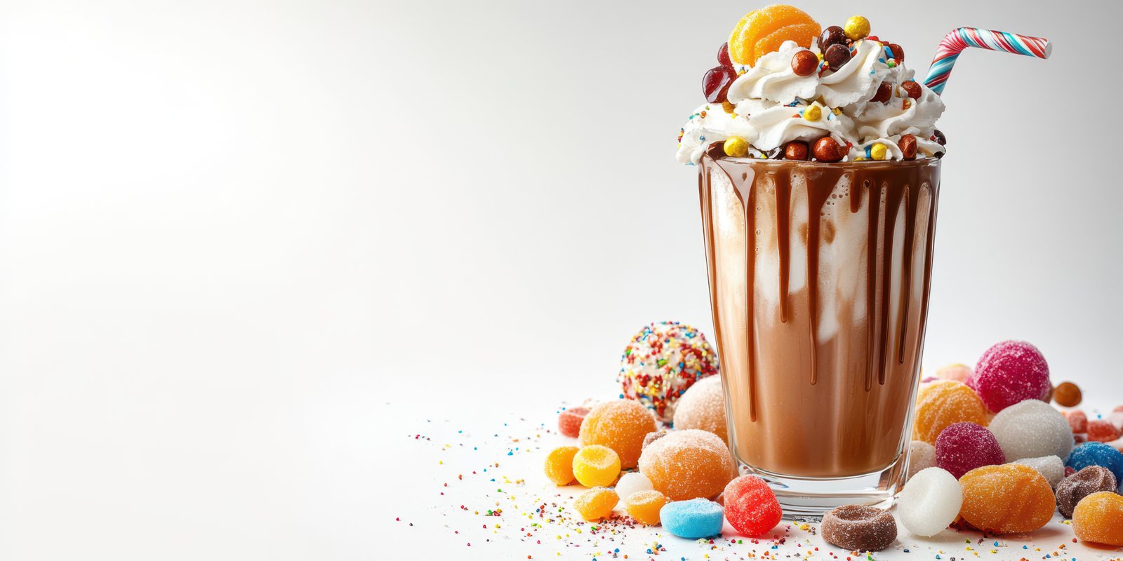 Indulgent dessert drink topped with whipped cream and colorful candies served at a festive gathering
